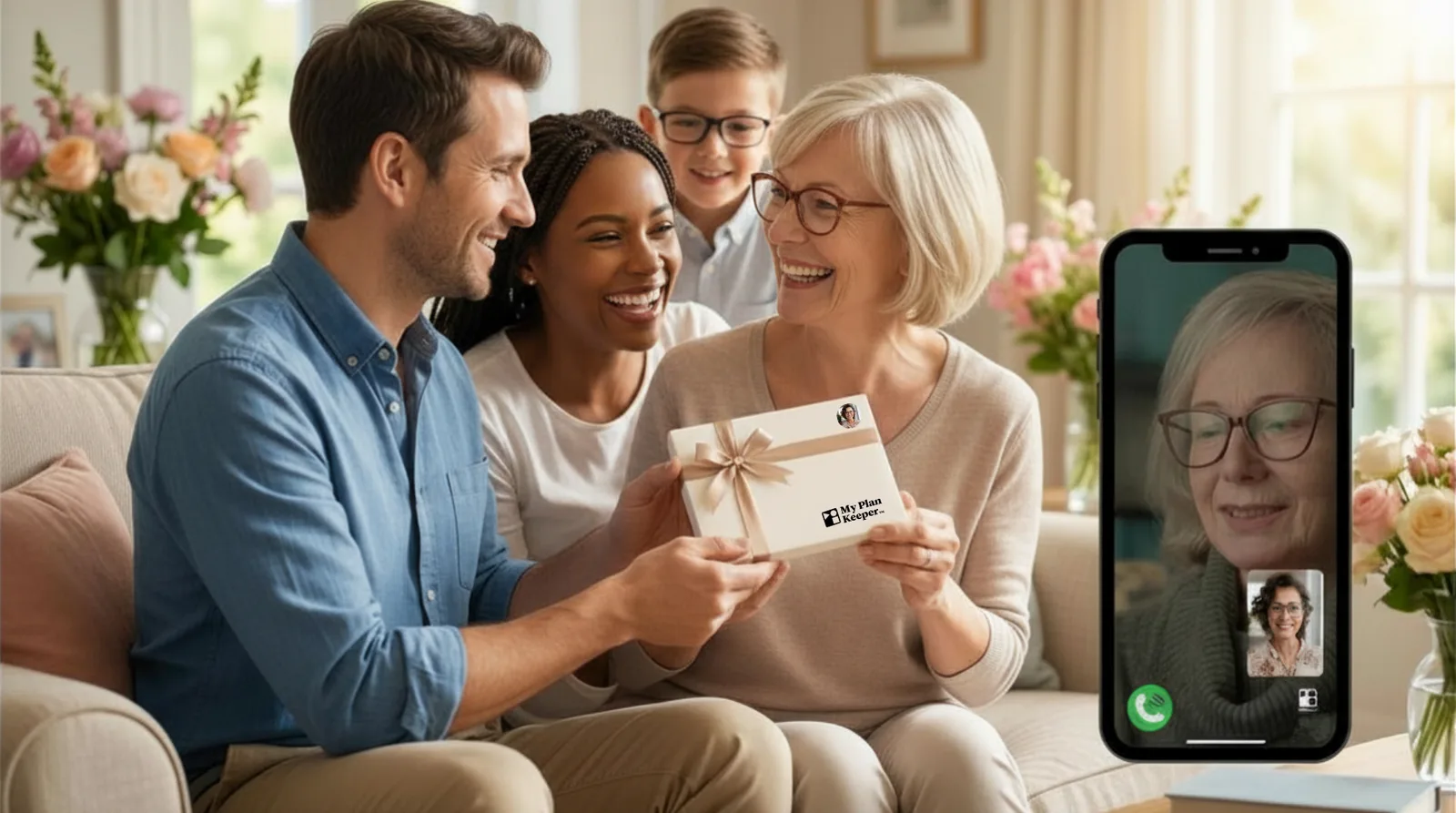 Familia regalando Grace, con Grace en la pantalla del teléfono