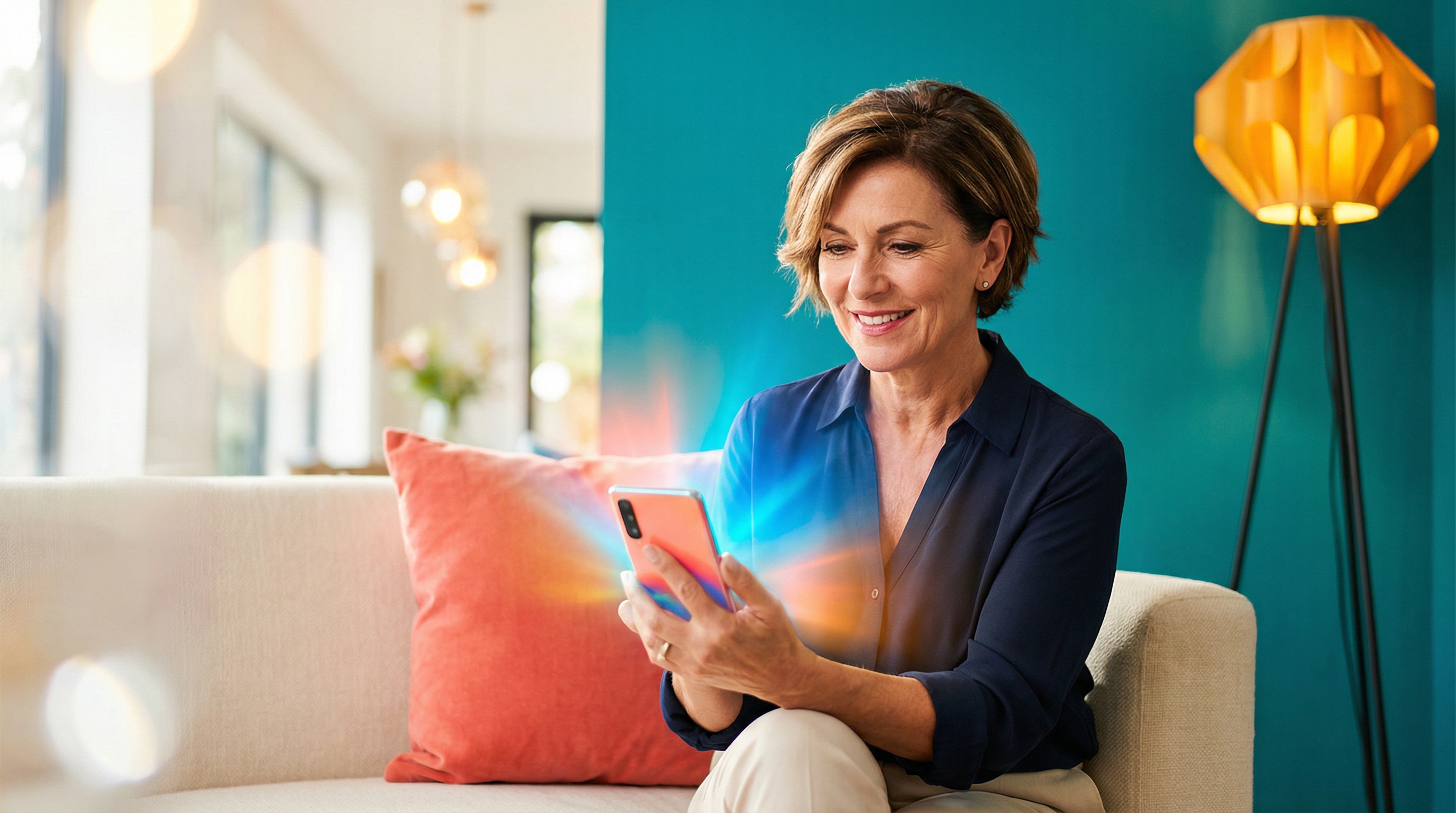 behavioral nudges in retirement — woman in her late 50s looking at a colorful phone notification in a vibrant modern living room with bold coral and teal accents