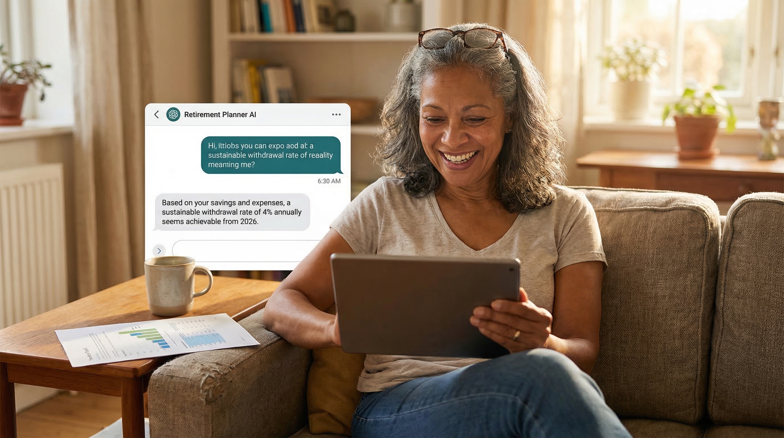 best AI tools retirement planning — woman in her 60s using AI on tablet at home for retirement planning