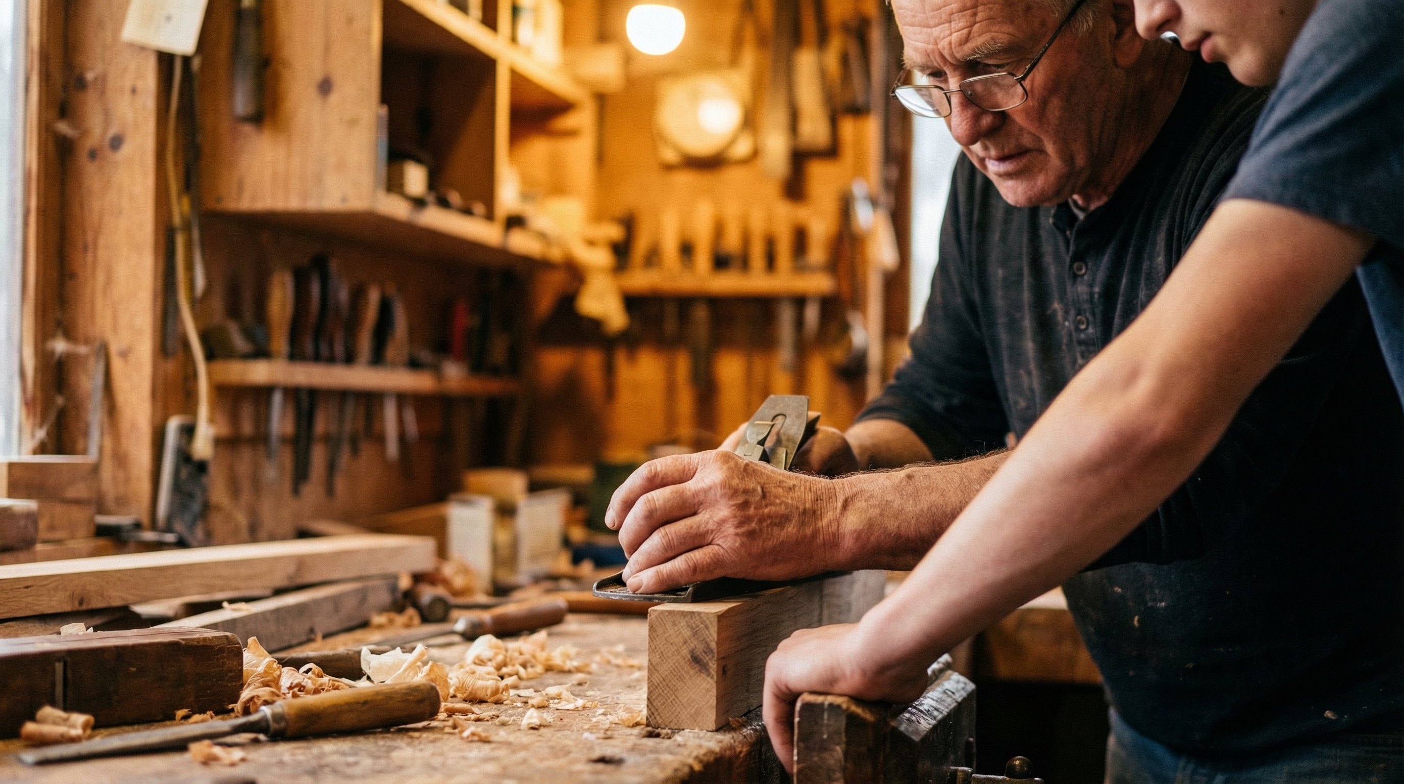 Experienced hands of a retired craftsman teaching a younger person hands-on skills representing the human wisdom Baby Boomers bring to AI