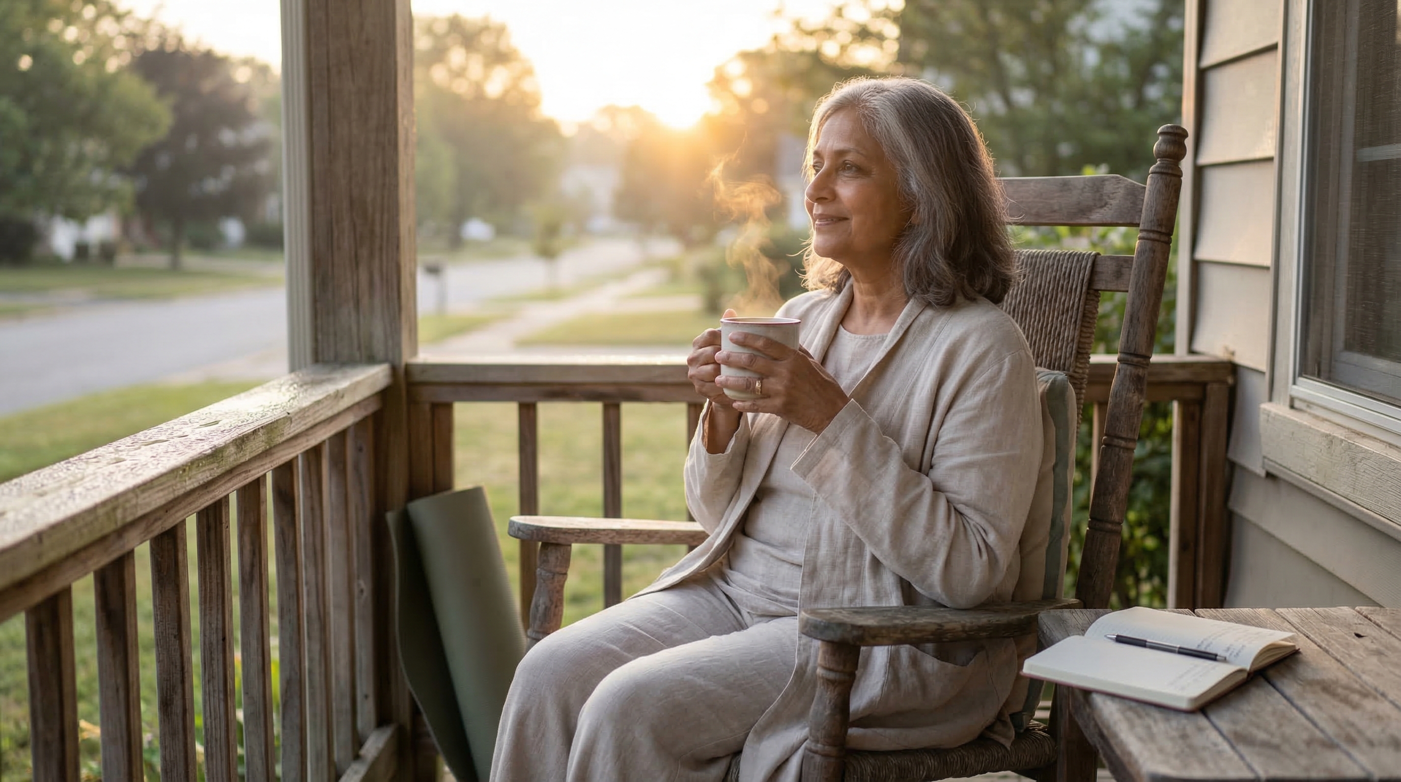 daily structure retirement — woman in her 60s enjoying an intentional morning routine on her front porch