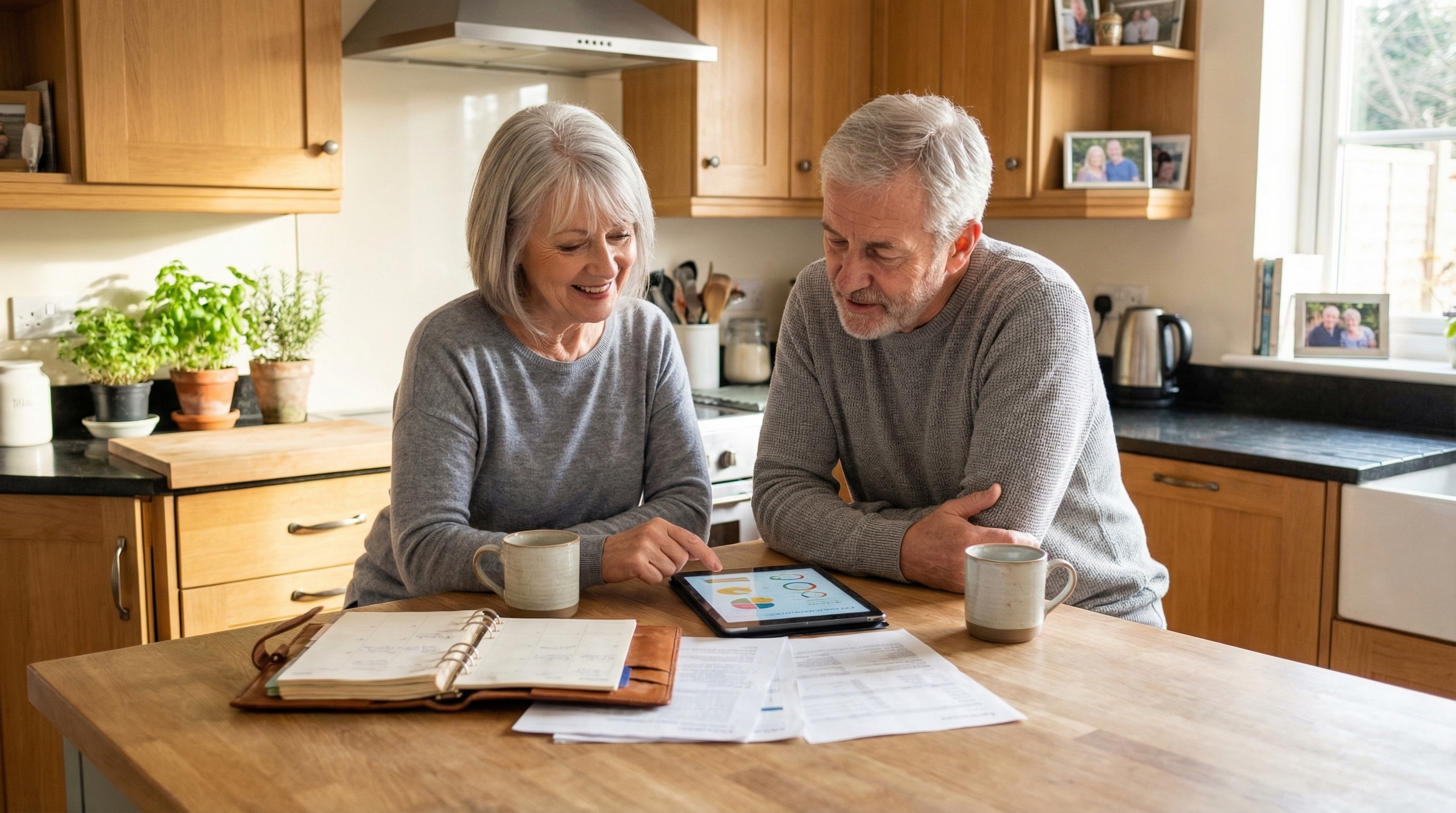 Couple in their 60s planning together at a bright kitchen island representing co-intelligence and shared retirement decision-making
