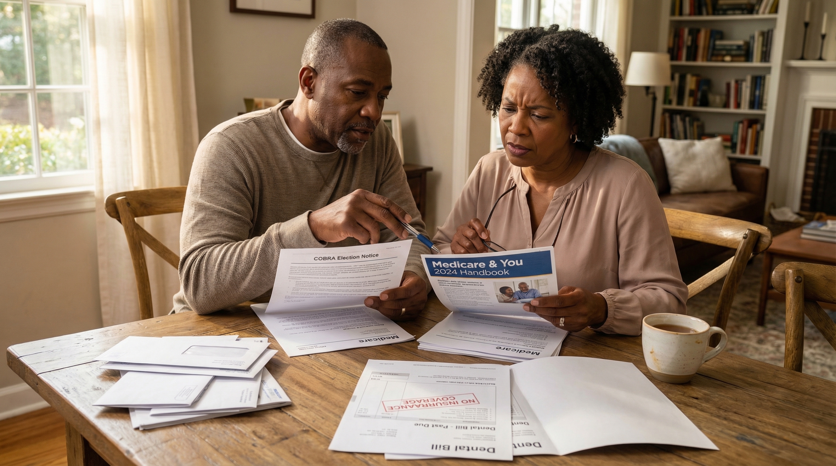 COBRA to Medicare transition — couple in their 60s reviewing healthcare and dental insurance paperwork together