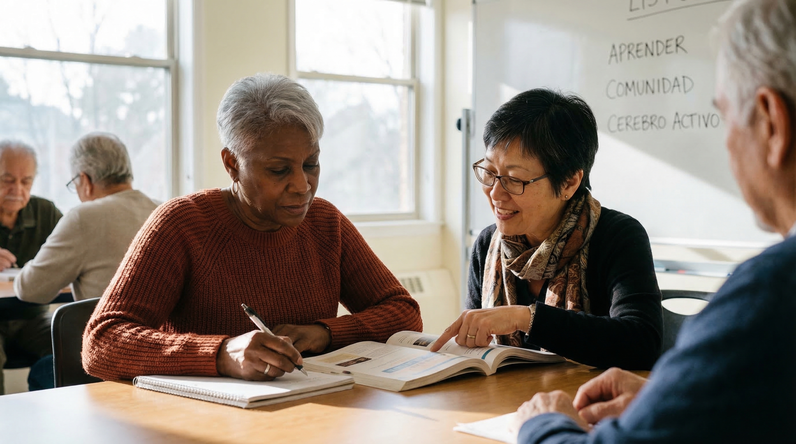 cognitive health retirement — woman in her 60s learning Spanish in a community class to keep her brain sharp