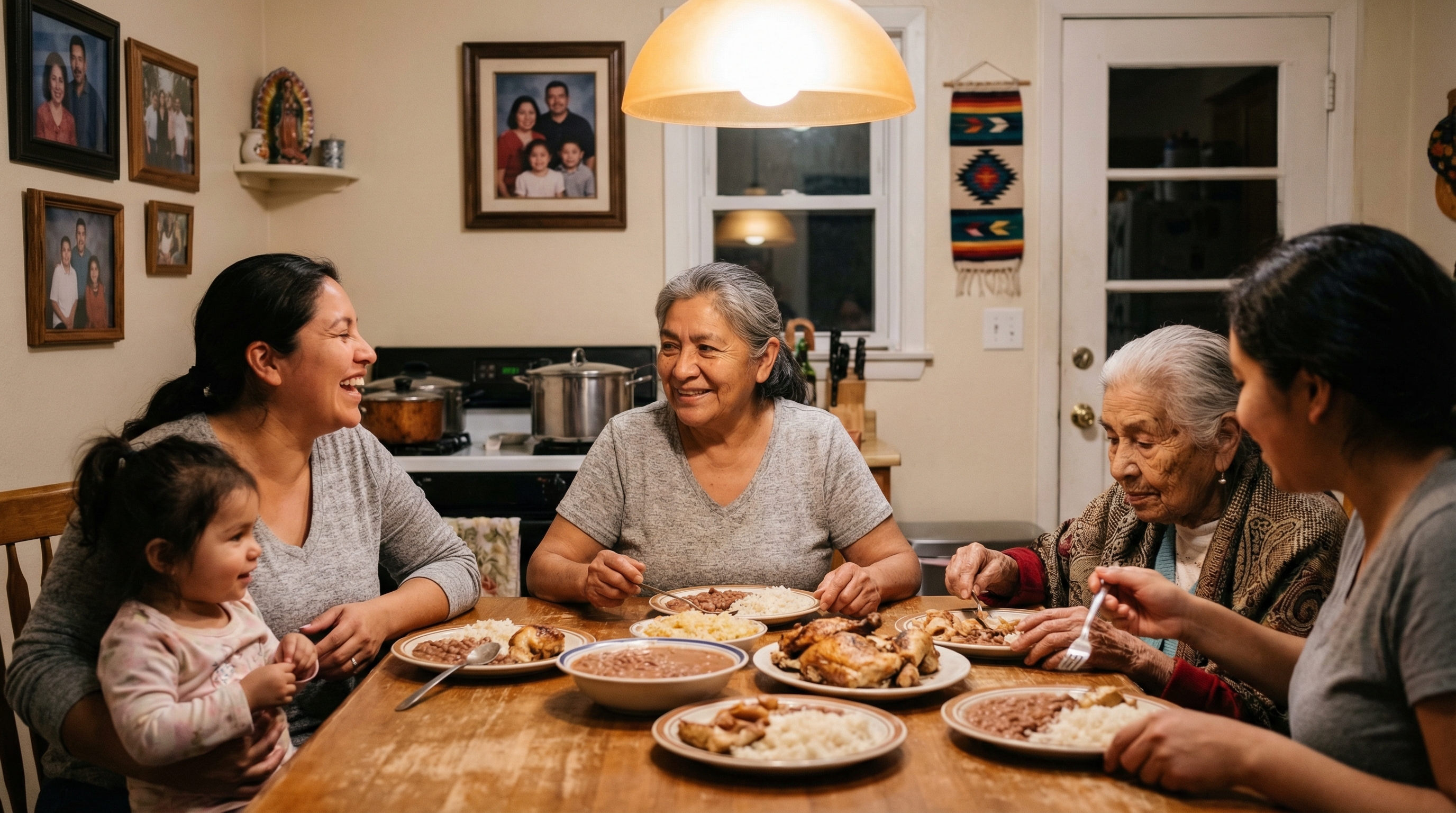 Multigenerational Latino family sharing a meal at a warm kitchen table representing culturally-sensitive retirement planning and family values