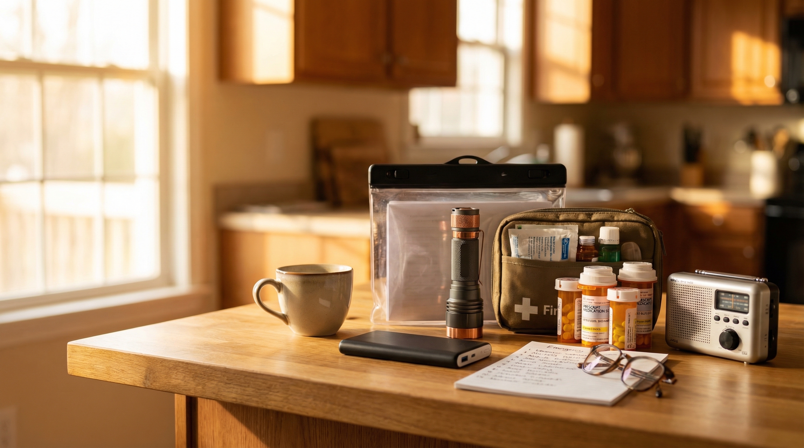 Emergency preparedness items including documents, medications, and flashlight arranged on a kitchen counter representing disaster readiness for retirees