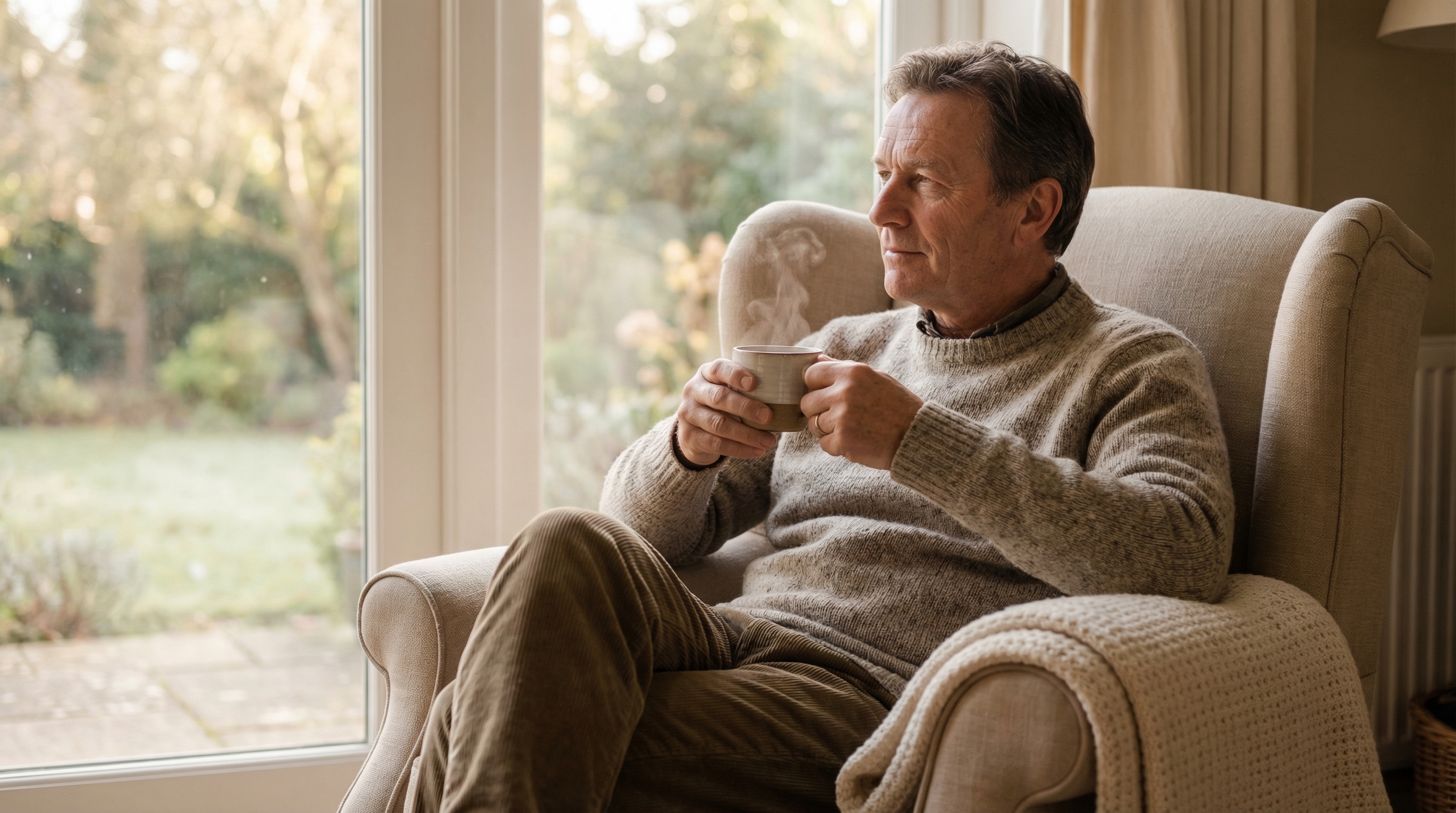 Man in his 60s sitting quietly with coffee by a morning window representing the rest phase of early retirement transition