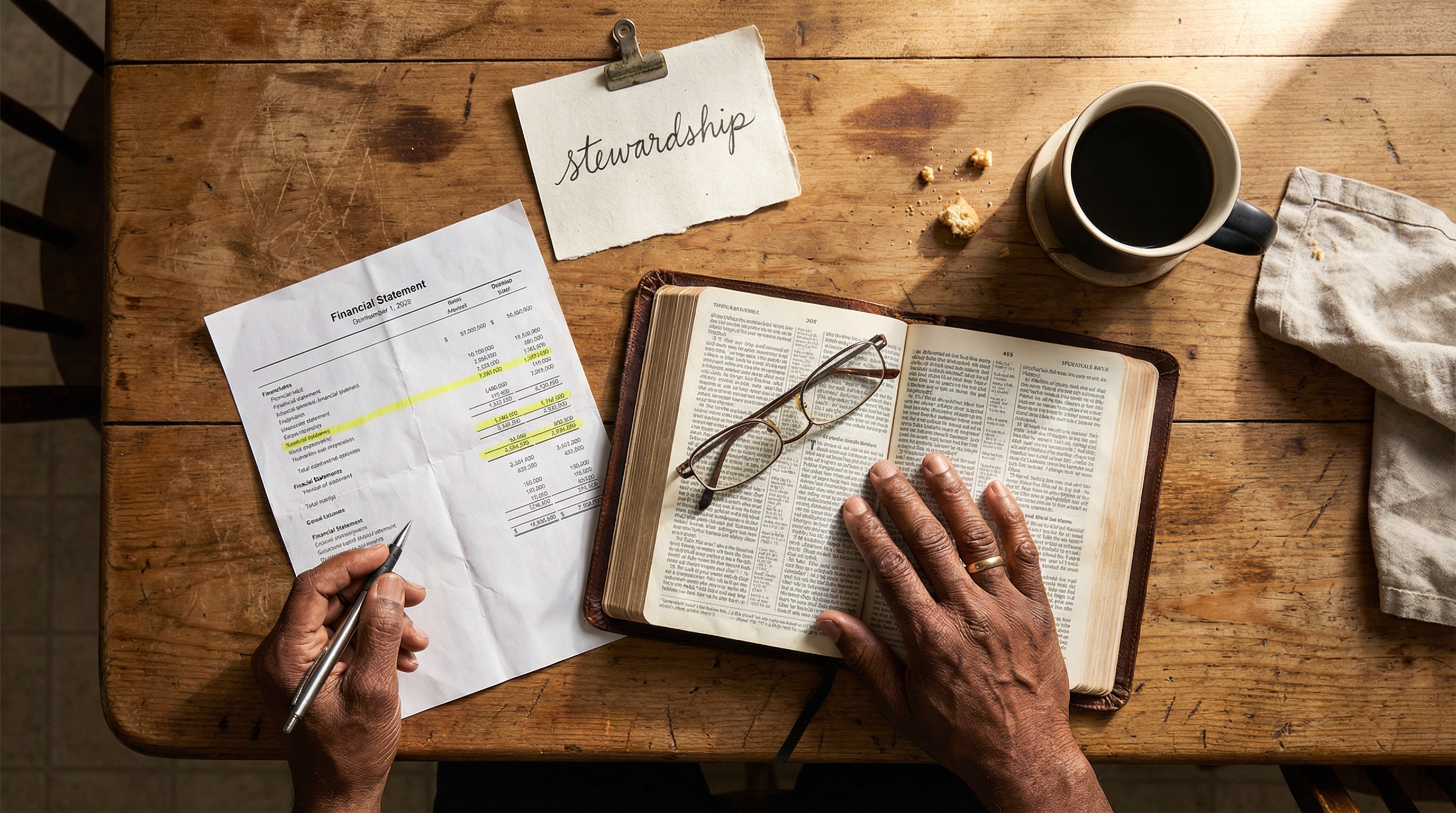 faith-based investing retirement — hands resting on Bible and financial documents at kitchen table morning light