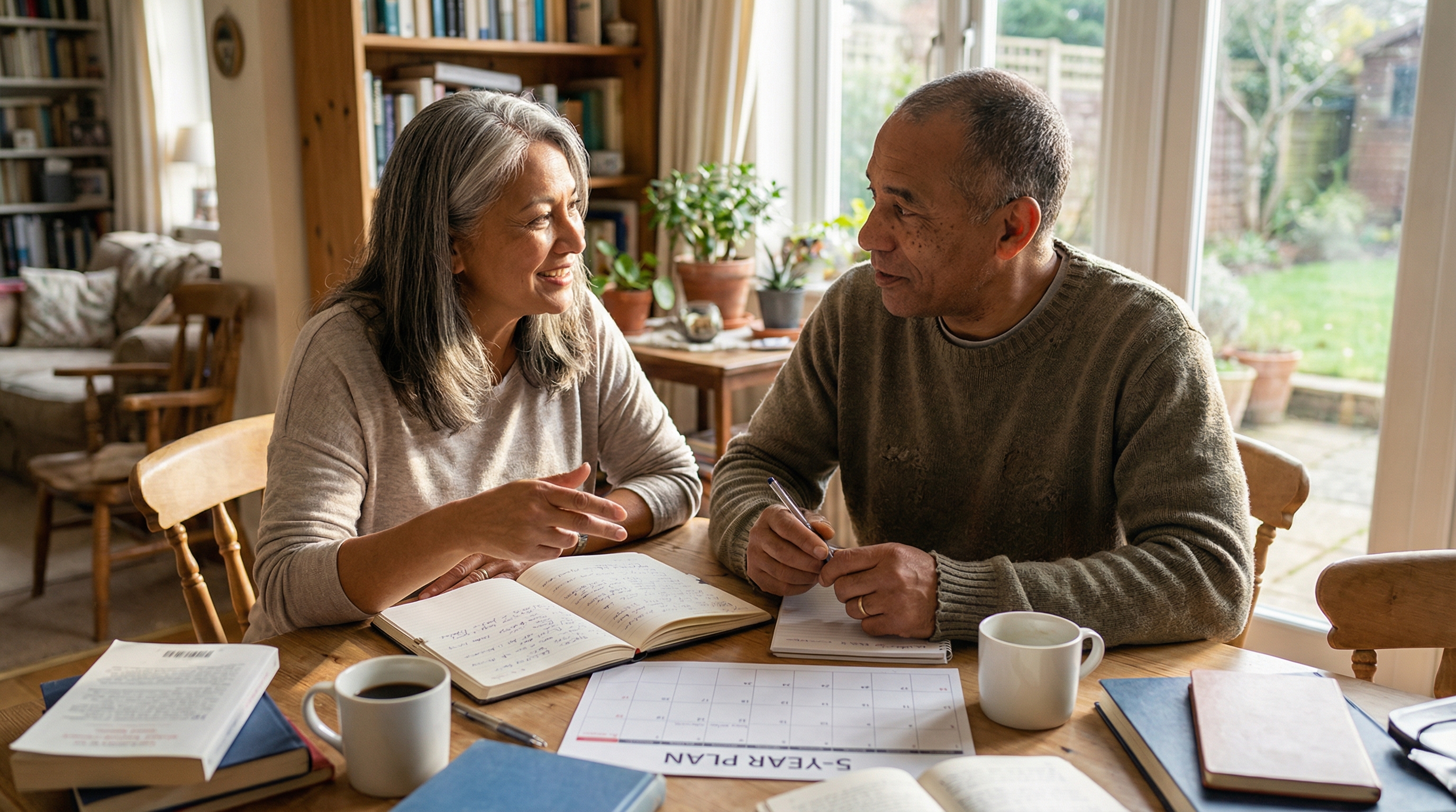 pre-retirement checklist — adult in their 60s reflecting on personal goals and legacy planning in a warm home setting