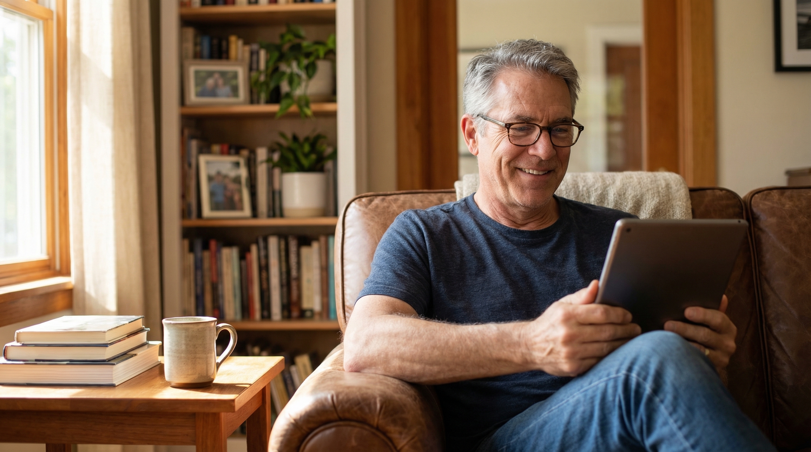 Man reviewing personalized retirement insights on a tablet, representing Grace Intelligence whole-person planning