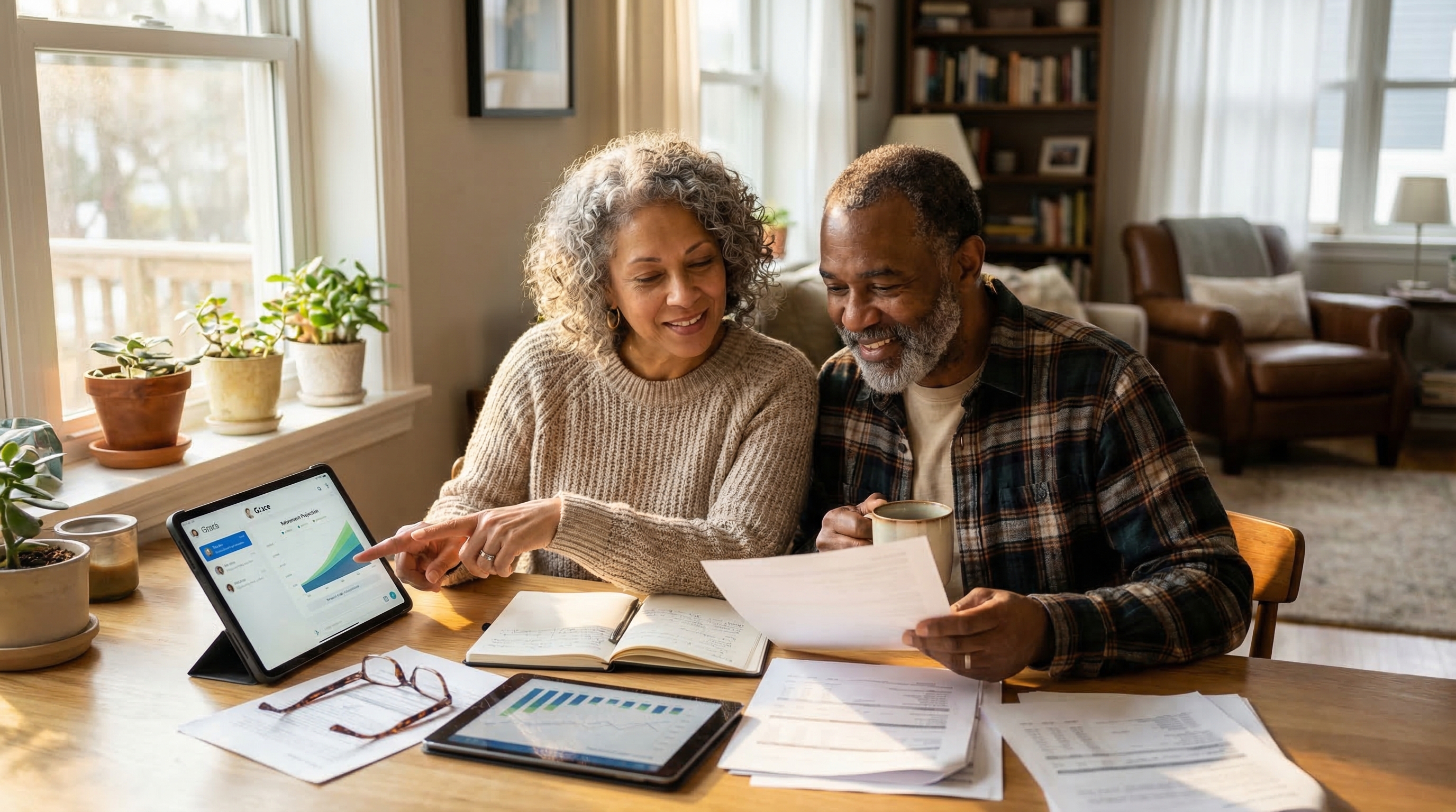 conversational AI retirement planning — adult in their 60s using Grace AI to plan retirement at home with natural light