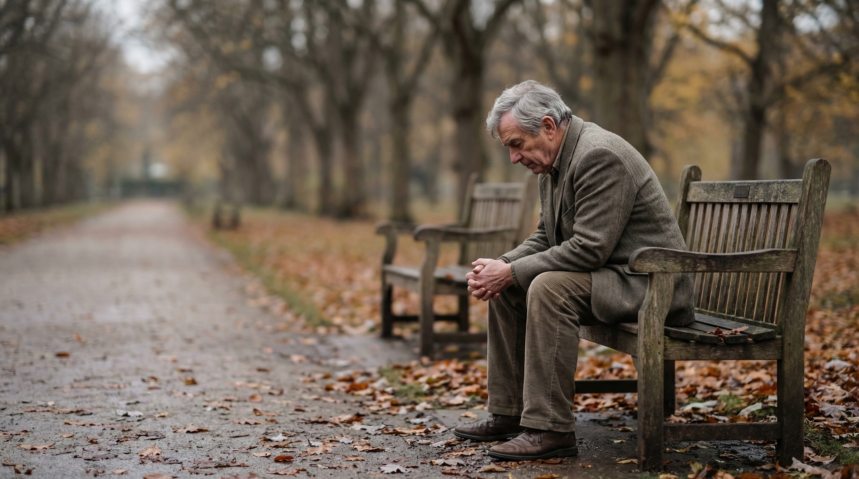 Man in his late 60s sitting alone on an autumn park bench reflecting on retirement depression and the hidden health crisis of losing purpose