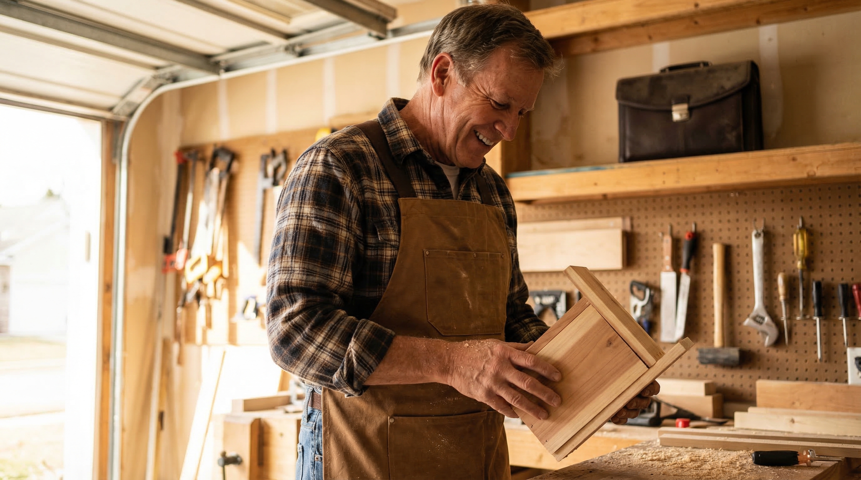 retirement identity crisis — man in his 60s rediscovering himself through woodworking in his garage workshop