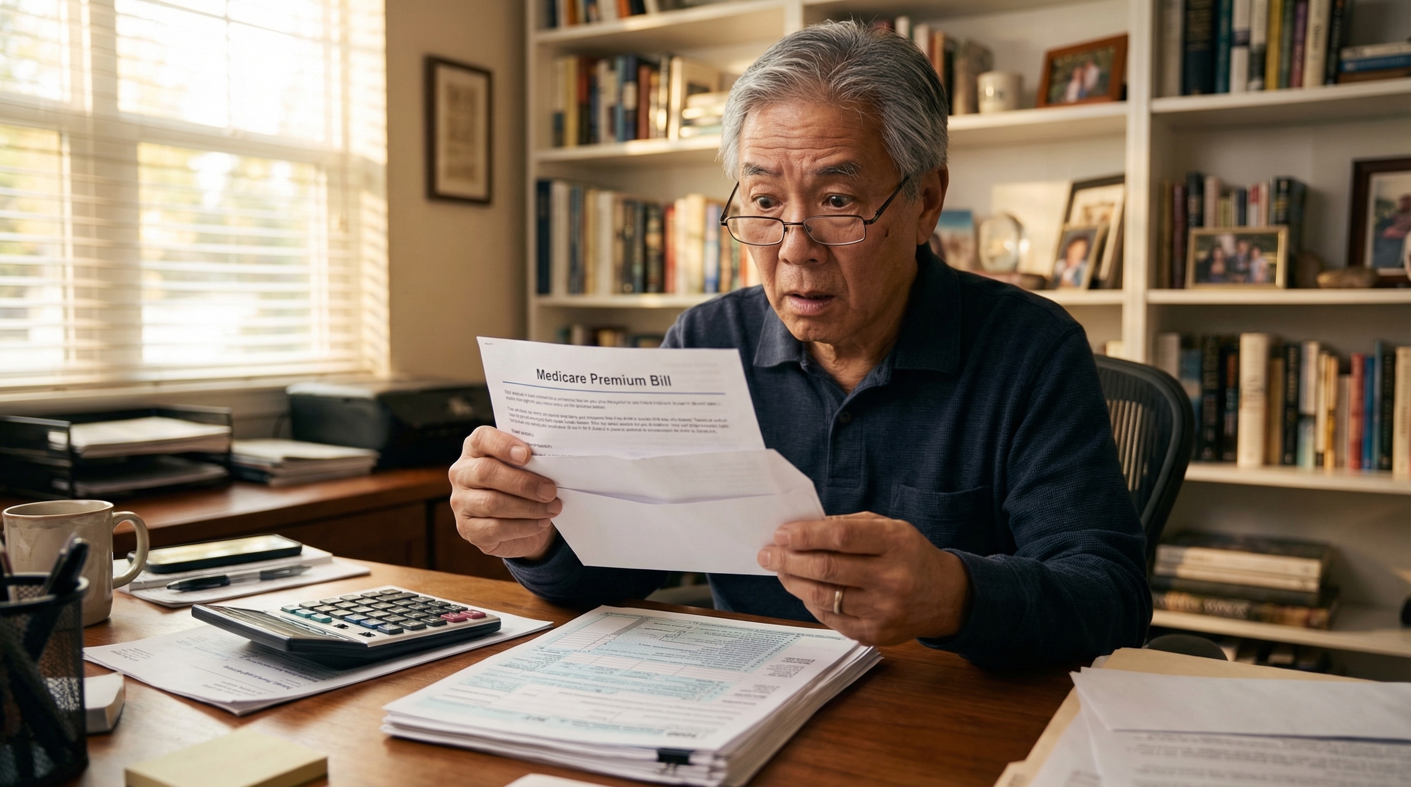 IRMAA Medicare surcharge — man in his late 60s surprised by Medicare premium increase notice at home office