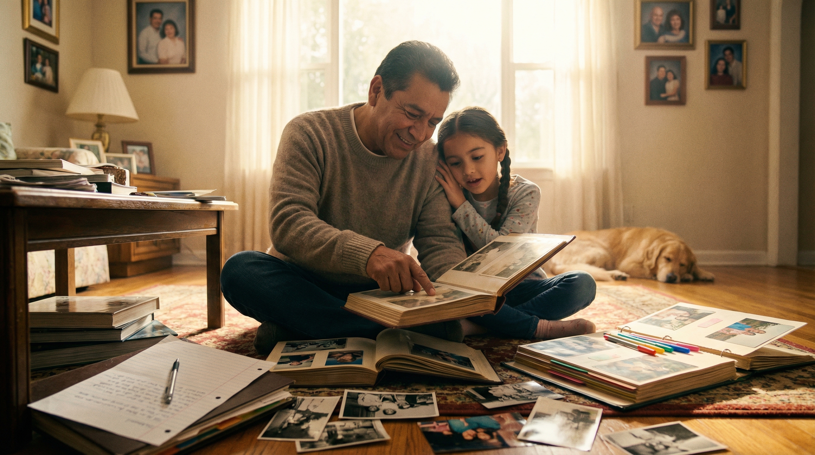 living legacy retirement — grandfather sharing old photos and stories with granddaughter on living room floor in golden light