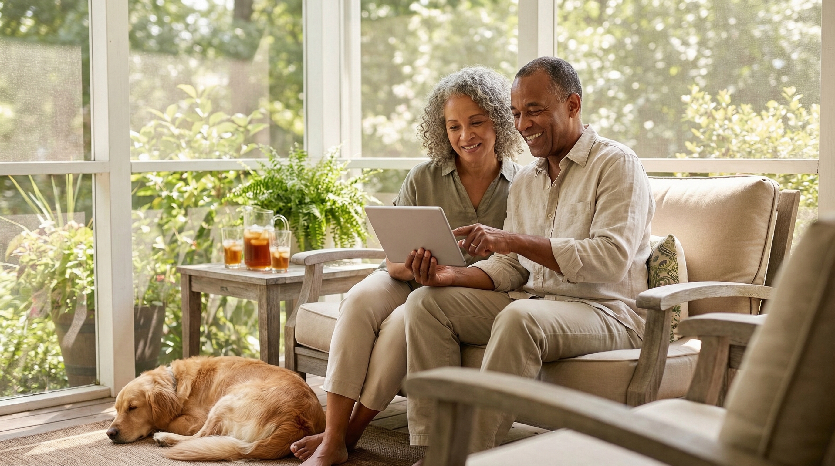 longevity AI retirement planning — couple in their 60s using tablet together on sunlit porch planning for the future