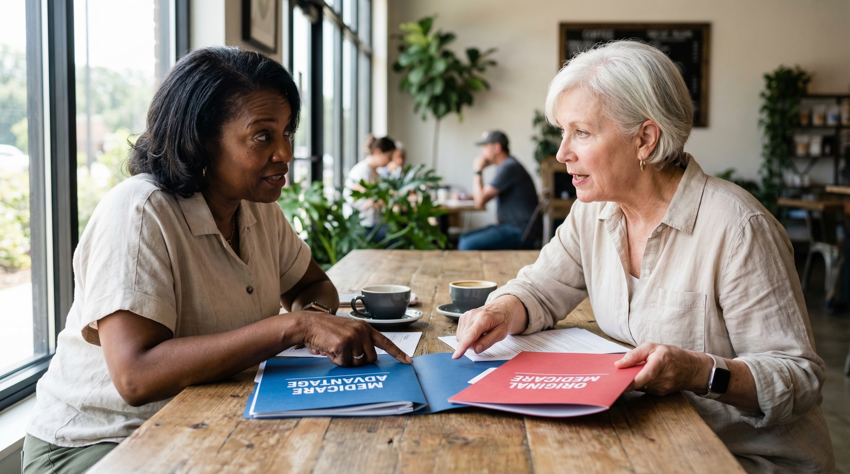 Medicare Advantage vs Original Medicare — two women in their 60s comparing Medicare plan options at a cafe