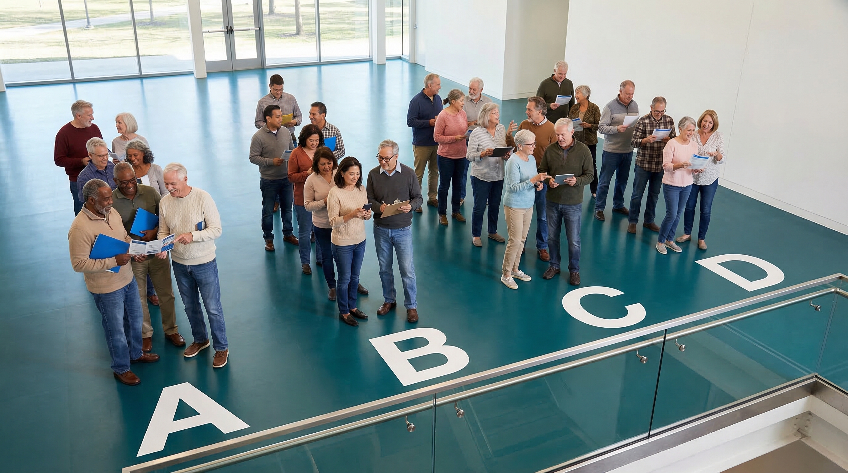 Medicare basics guide — diverse retirees standing in four lines labeled A B C D representing Medicare parts