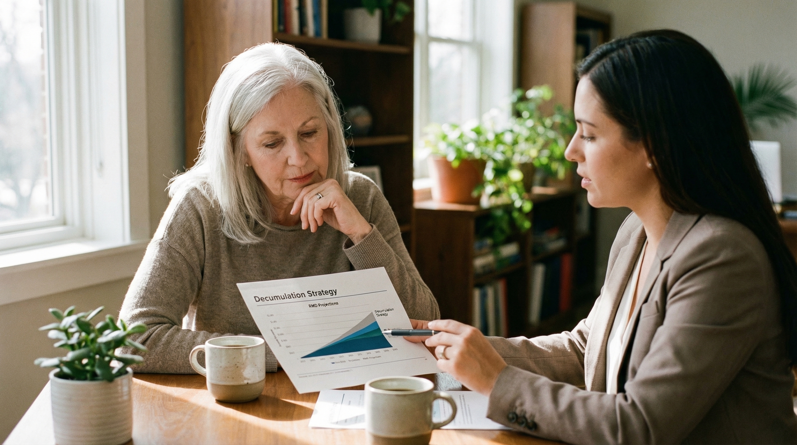 required minimum distributions — woman in her 70s reviewing RMD projections with financial advisor