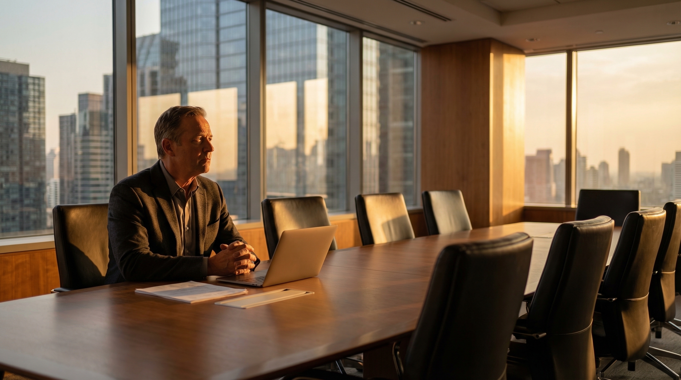 Man in his 60s sitting alone at an empty conference table looking out the window representing retirement anxiety in the workplace