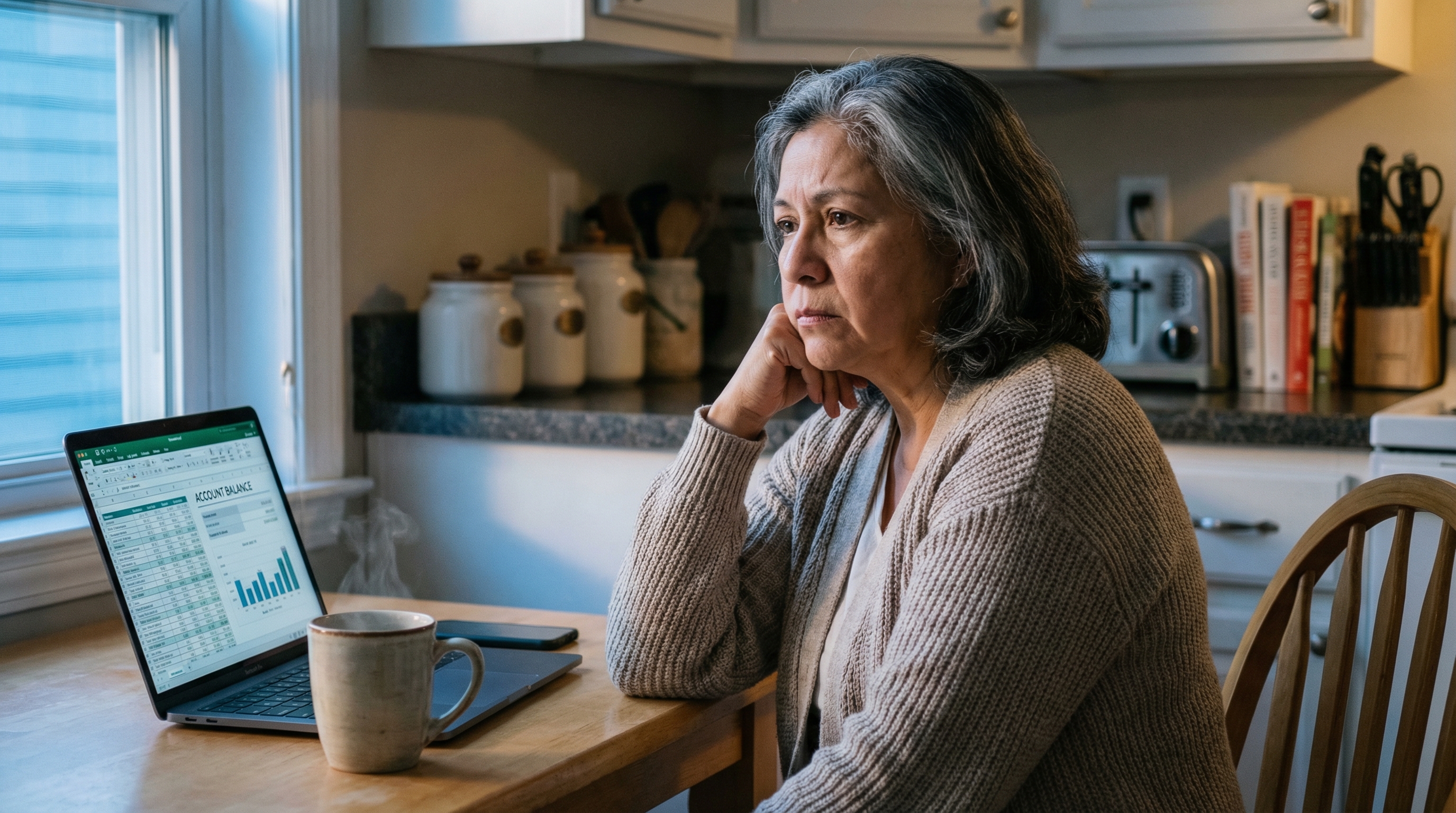 retirement money anxiety — woman in her 60s sitting alone at kitchen table at dawn worried about finances