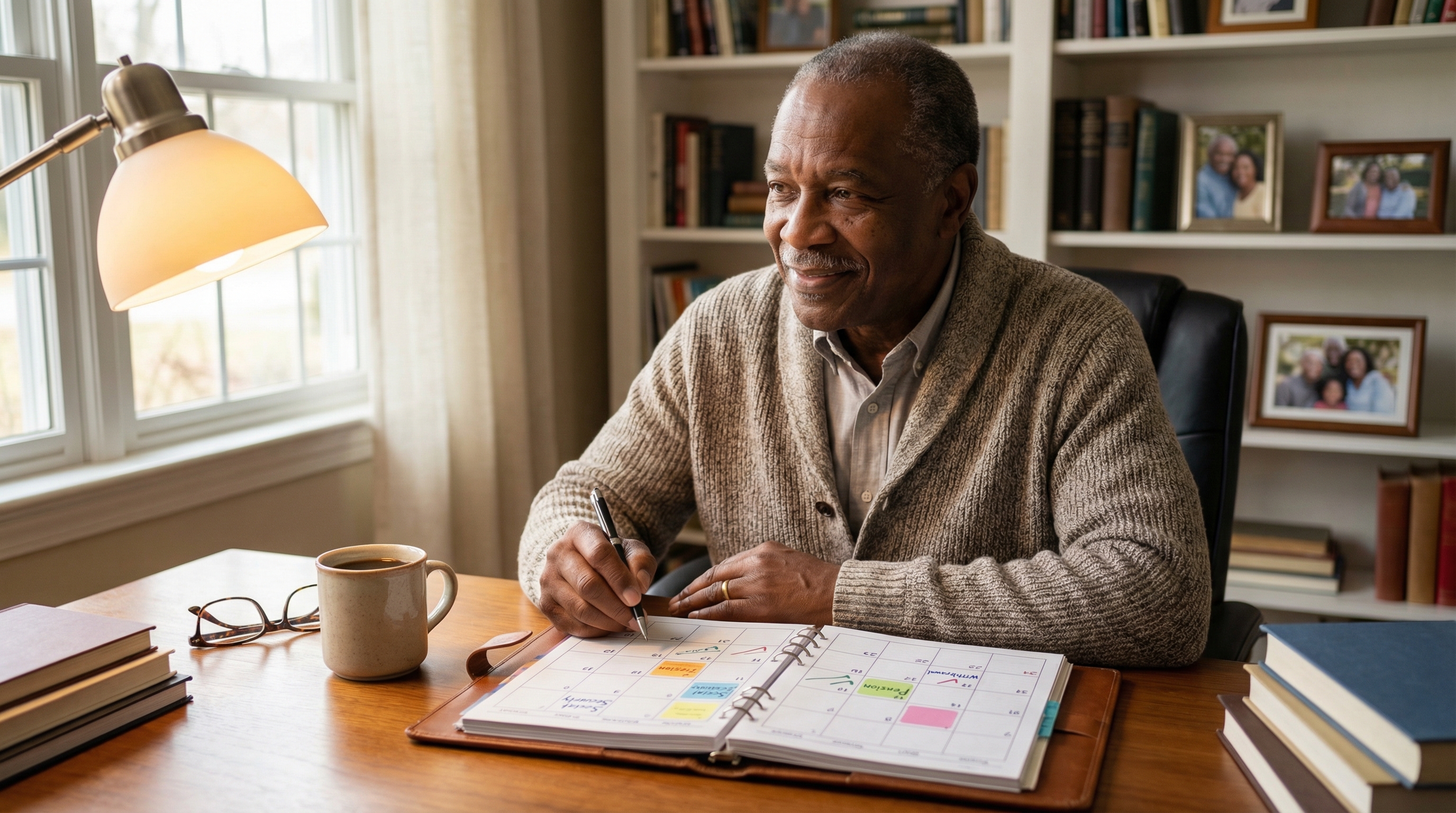 retirement paycheck strategy — man in his late 60s organizing monthly income sources on a calendar planner