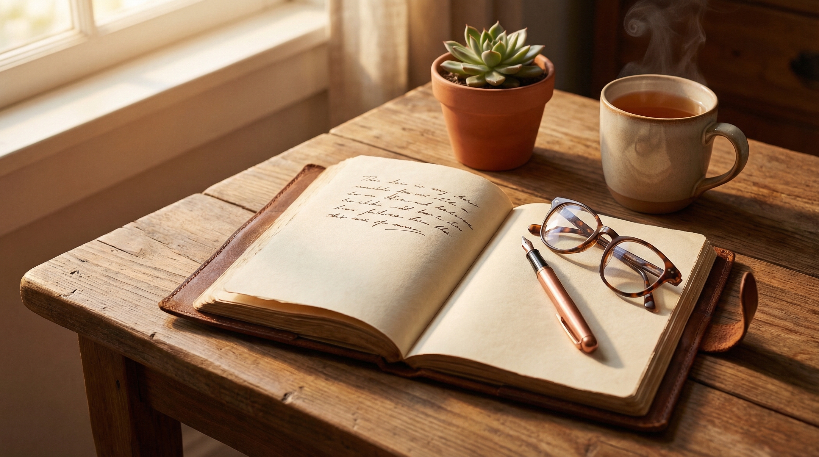 Open journal with pen and reading glasses on a warm wooden desk bathed in afternoon light representing writing your retirement next chapter