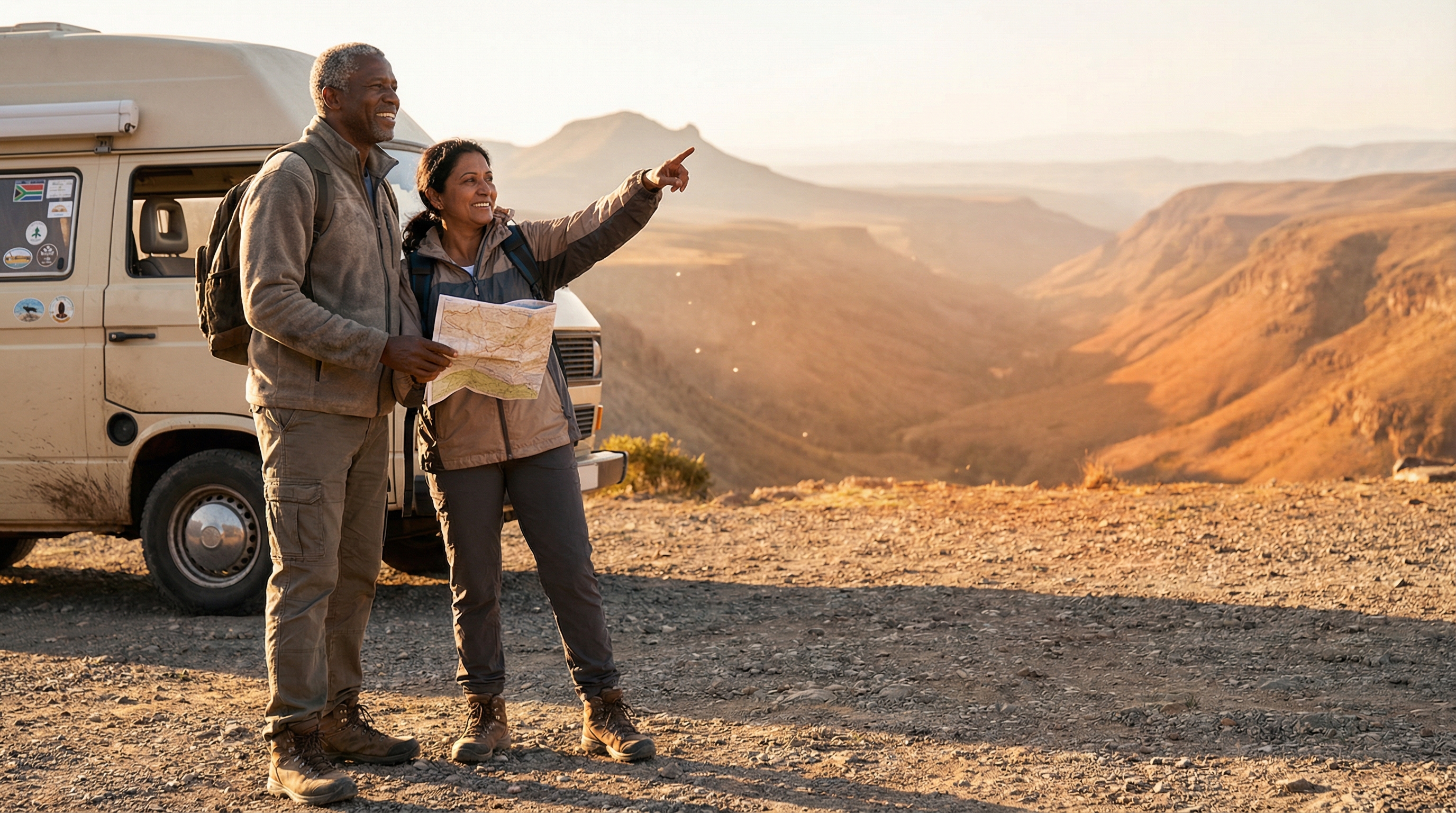 retirement travel on a budget — couple in their 60s exploring a scenic overlook with campervan and hiking gear