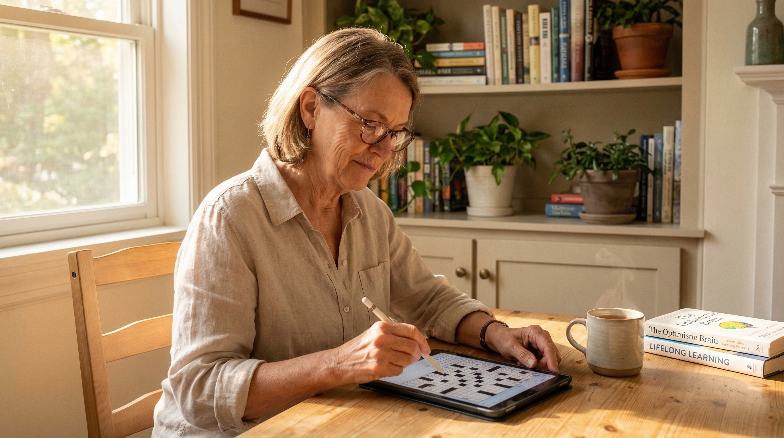 Woman in her 70s engaged in a learning activity at a sunlit desk representing cognitive longevity and retirement wellness planning