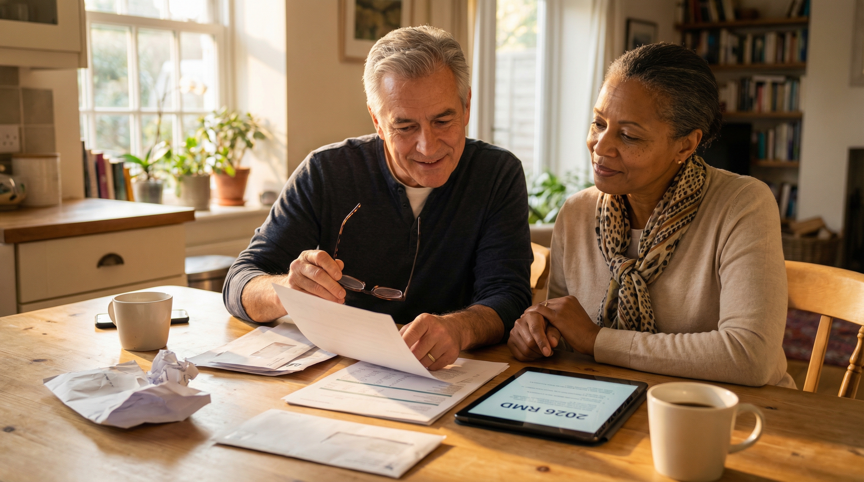 RMD rules 2026 — adult in their 60s reviewing retirement financial documents at home with natural light