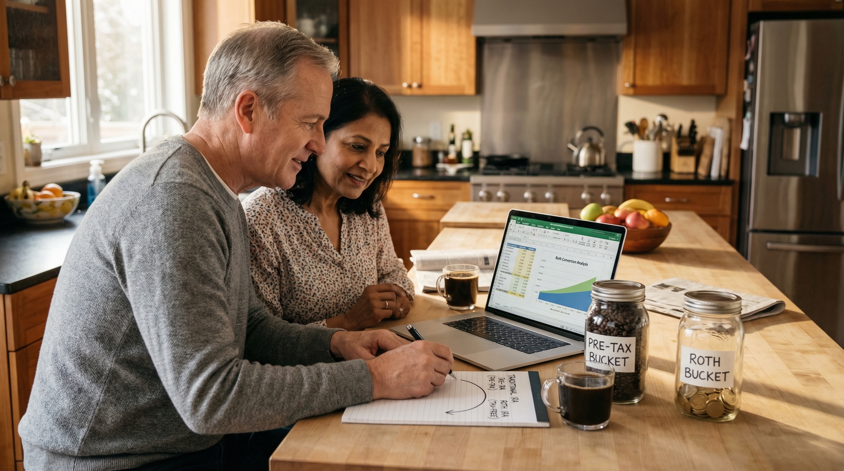 Roth conversion retirement — couple in their 60s planning tax strategy with spreadsheets at kitchen island