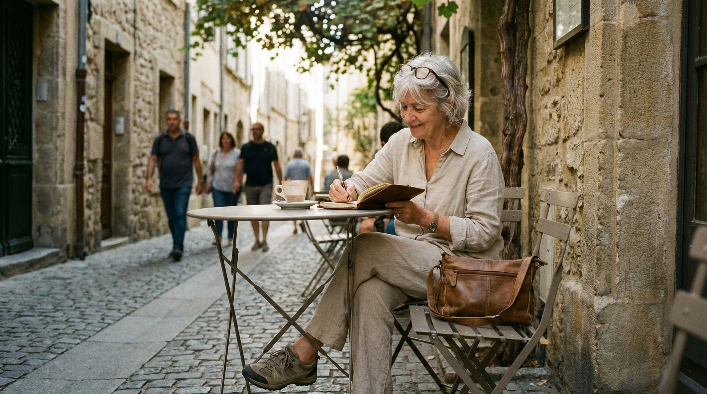 solo travel women over 60 — woman with silver hair writing in journal at European cafe enjoying solo adventure