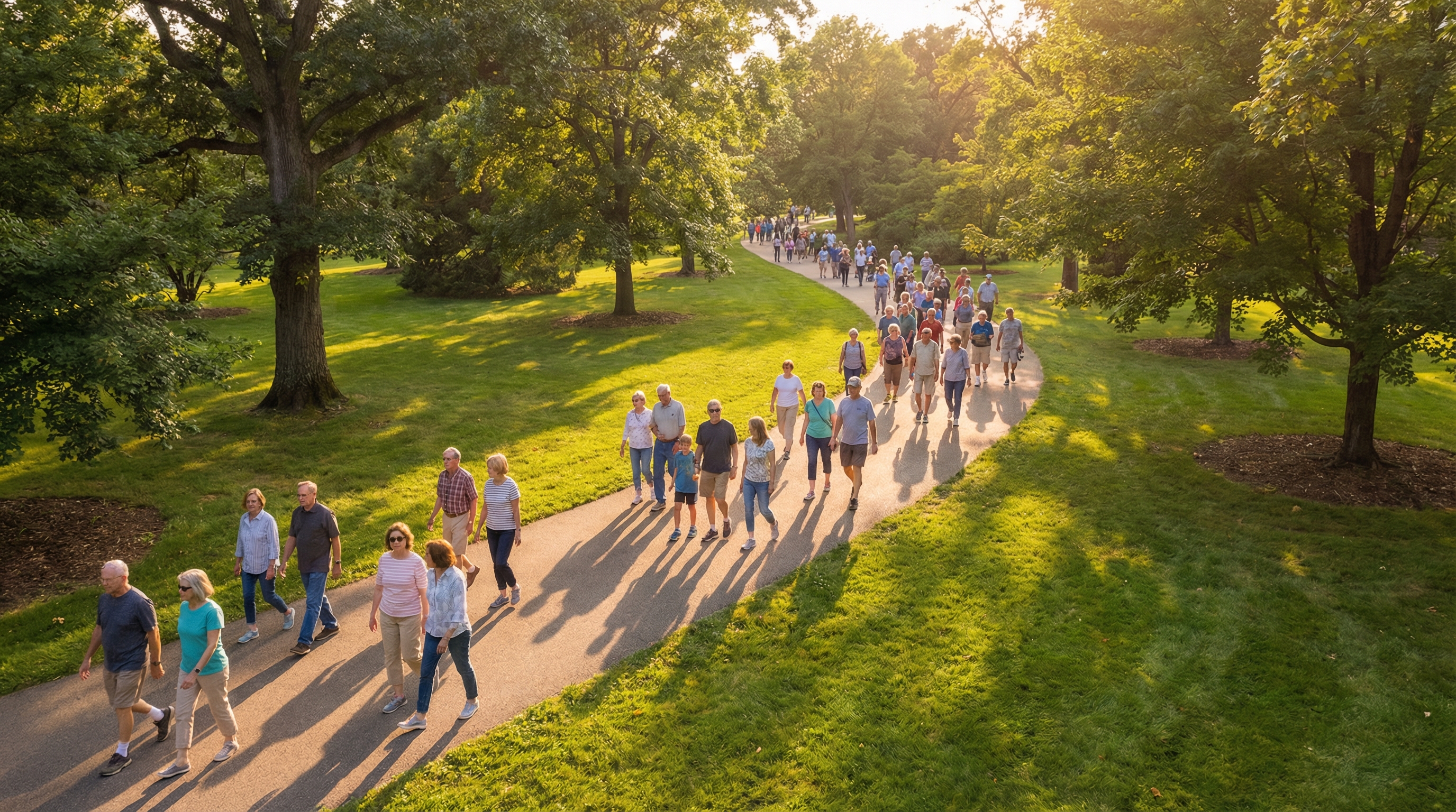 Dozens of people walking a sunlit park path representing the Great Retirement Movement and Peak 65 wave
