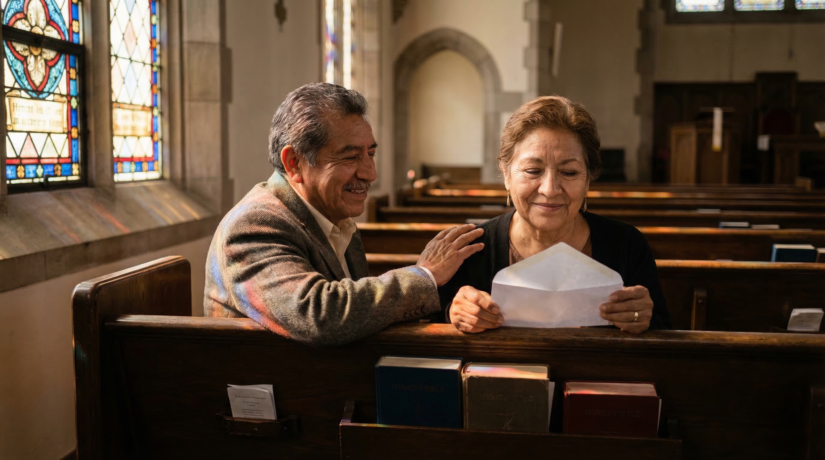 tithing in retirement — couple in their 60s sitting in church pew at peace with their giving decision