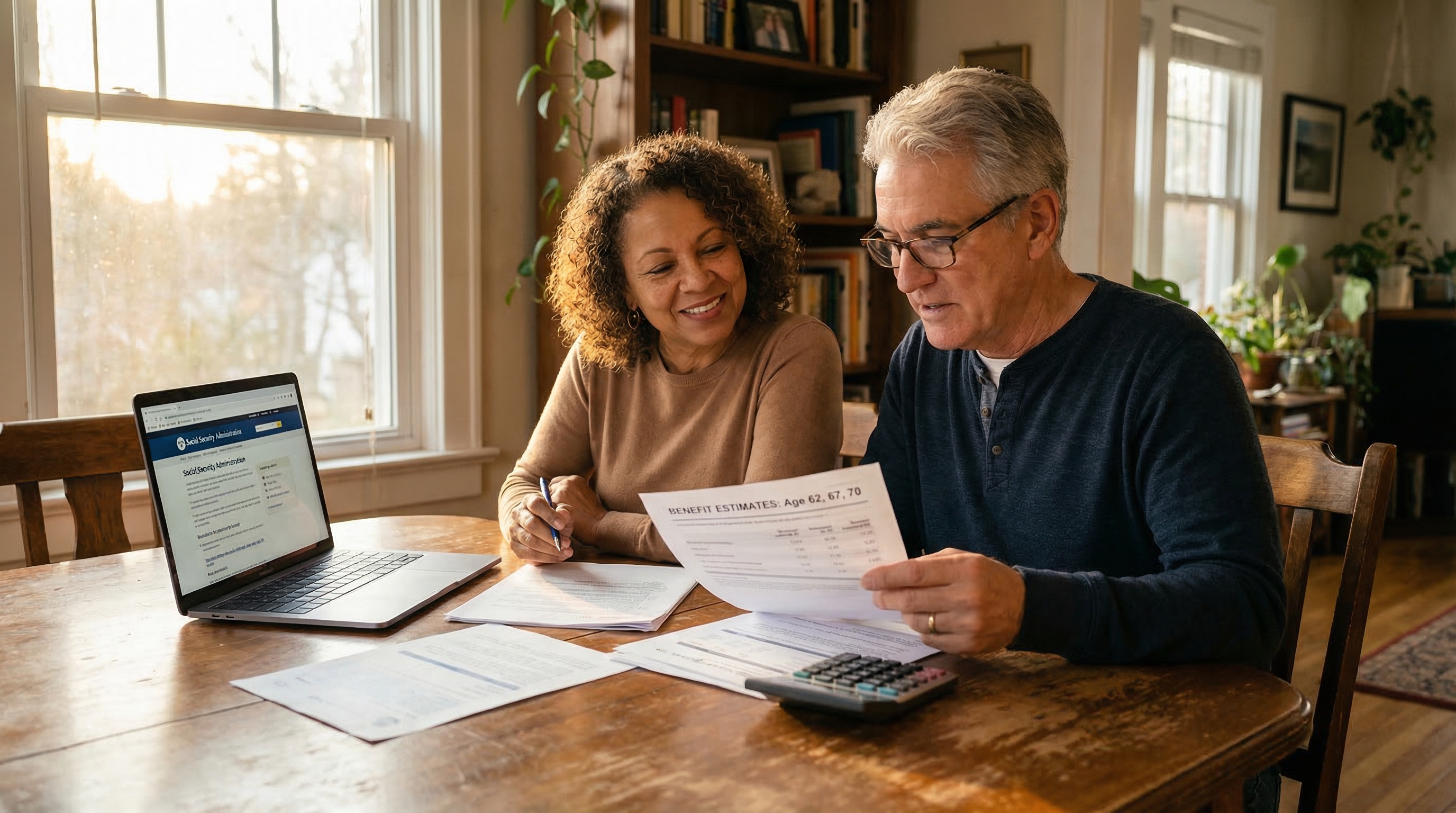 when to claim social security — adult in their 60s reviewing retirement financial documents at home with natural light